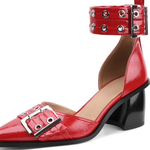 Red Patent Buckle Strap Women's Shoes - Picture 2 of 7